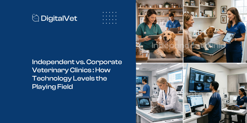 Independent vet using tablet in exam room